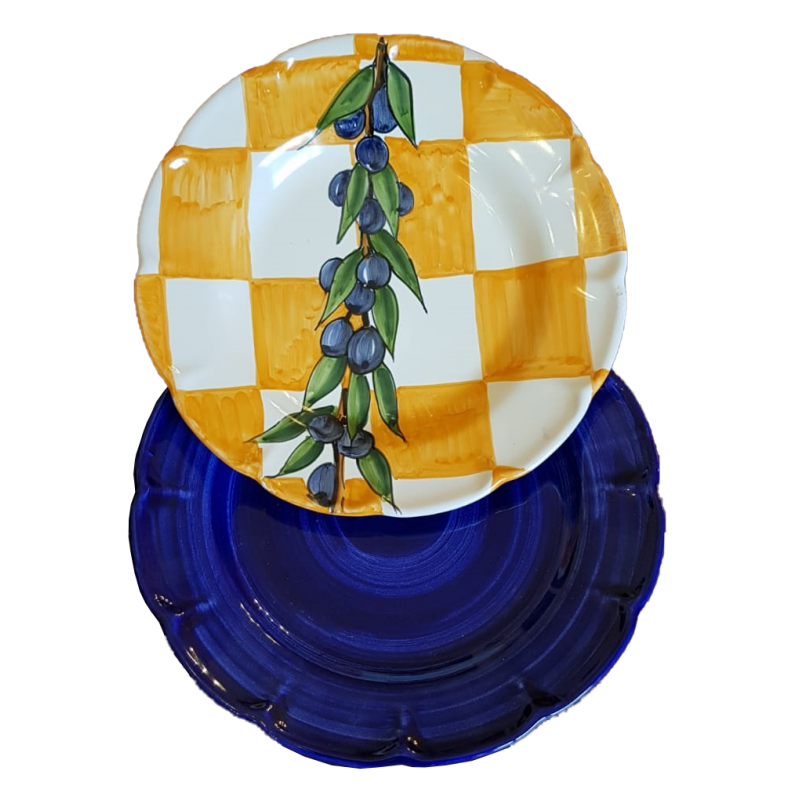 Assiettes en céramique Vietri à rayures et lignes olive fond bleu brossé - Deux assiettes creuses et une assiette plate