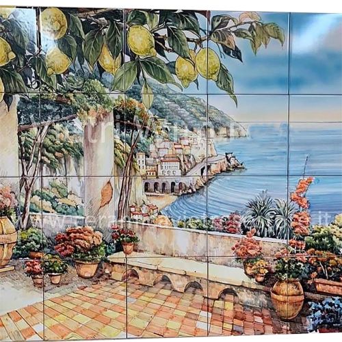 Pannello murale -Panorama- in ceramica vietrese dipinta a mano.