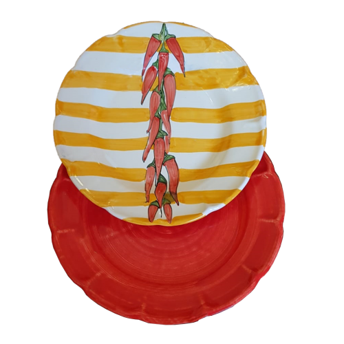 Dishes, Plates handpainted Vietri ceramic stripes and chili pepper line brushed red- Bis  Soup and dinner plate