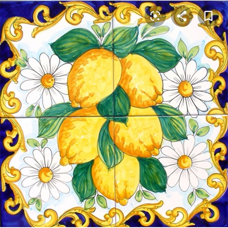 Pannello murale -Barocco e Limoni- in ceramica vietrese dipinta a mano.