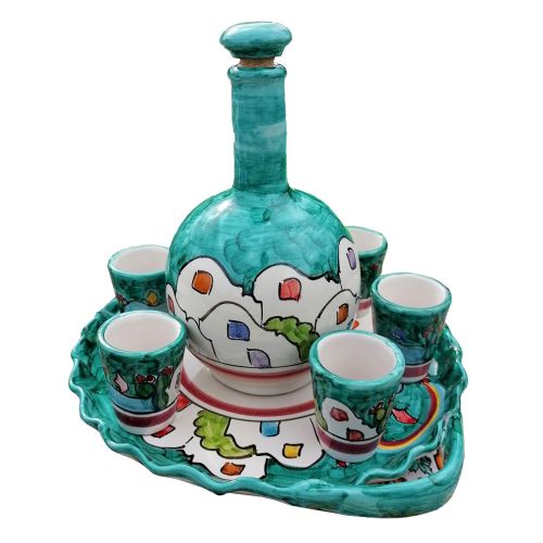Set limoncello. Bouteille, plateau, 6 verres. Ligne Maisonnettes. Céramique de Vietri peinte à la main.