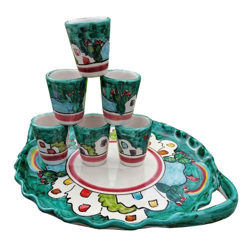 Set limoncello. Bouteille, plateau, 6 verres. Ligne Maisonnettes. Céramique de Vietri peinte à la main.