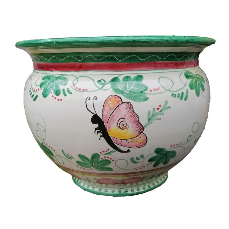 Cachepot Portaplantas Flores blancas y mariposas. Cerámica Vietri pintada a mano.
