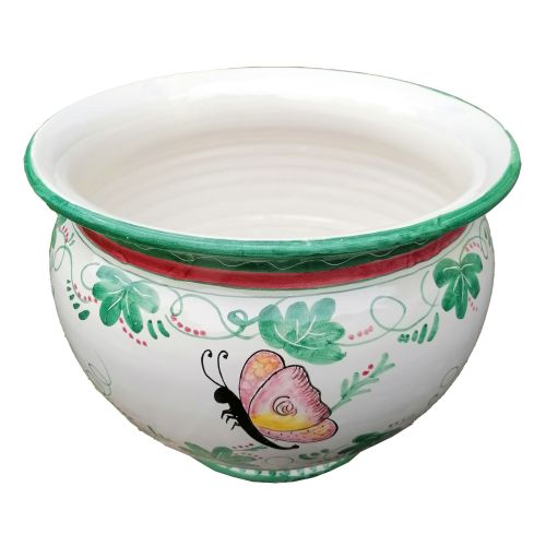 Cachepot Portaplantas Flores blancas y mariposas. Cerámica Vietri pintada a mano.