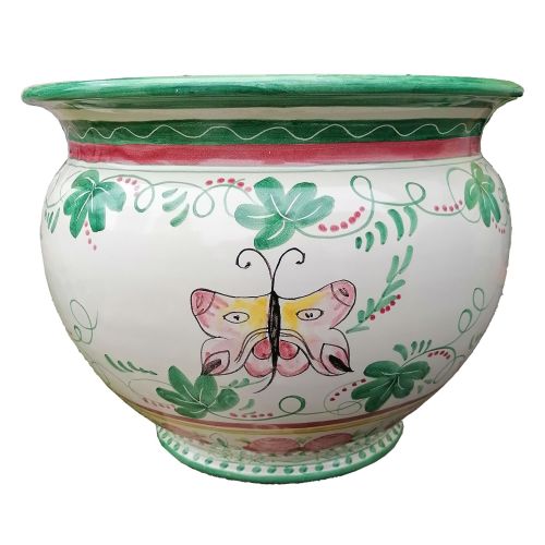 Cachepot Portaplantas Flores blancas y mariposas. Cerámica Vietri pintada a mano.