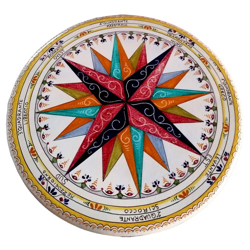 Ceramicized lava stone table. Hand painted Compass Rose. Vietri ceramics