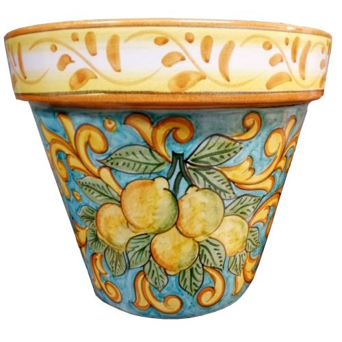 Conical pot for plants Copper green Yellow lemons and baroque. handpainted Vietri ceramic