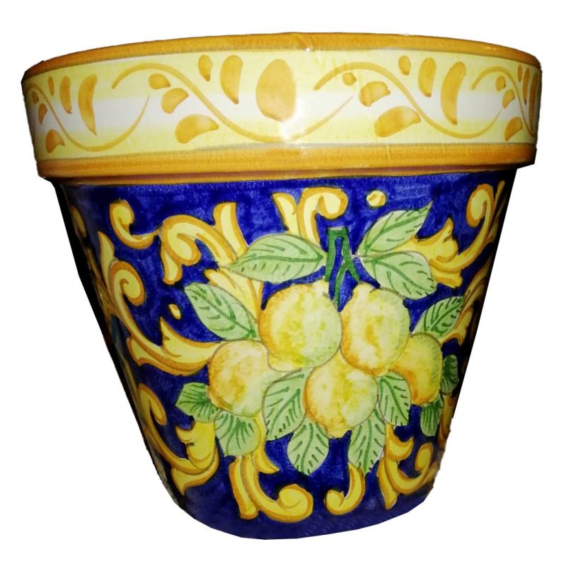 Conical pot for plants Copper green Yellow lemons and baroque. handpainted Vietri ceramic