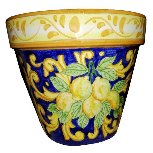 Vaso conico fondo Verde o Blu e giallo, soggetto limoni e barocco. Ceramica di Vietri dipinto a mano.