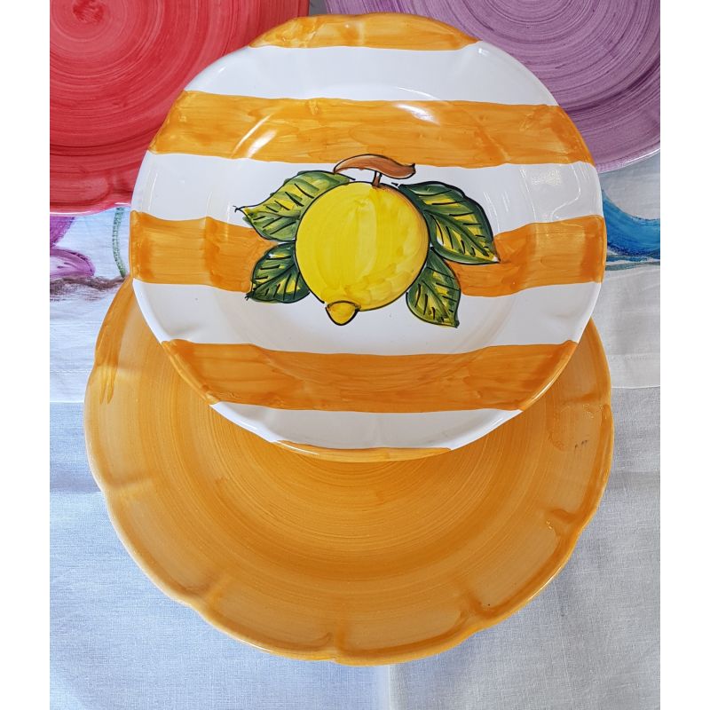 Piatti in ceramica di vietri linea righe e limone, pennellati fondo Arancio- Bis  piatto fondo e piatto piano