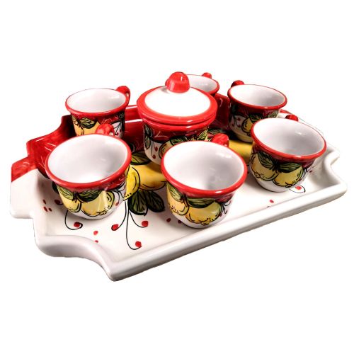 Bandeja con 6 tazas y azucarero. Línea Limones. Cerámica de Vietri. Pintado a mano.