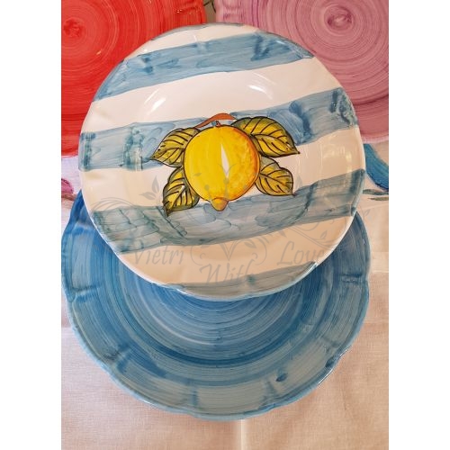 Dishes, Plates handpainted Vietri ceramic Stripes and lemon line brushed Light Blue- Bis  Soup and dinner plate