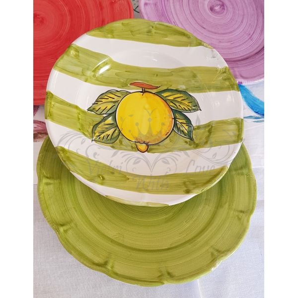 Piatti in ceramica di vietri linea righe e limone, pennellati fondo verde  acido- Bis piatto fondo e piatto piano