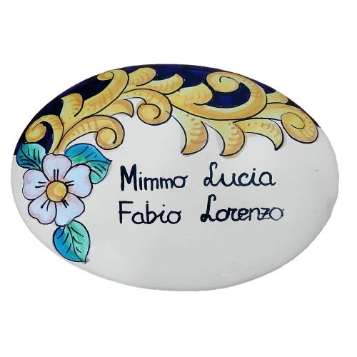 Targa ovale personalizzabile. Linea Fiori e Barocco. Ceramica di Vietri. Dipinta a mano.