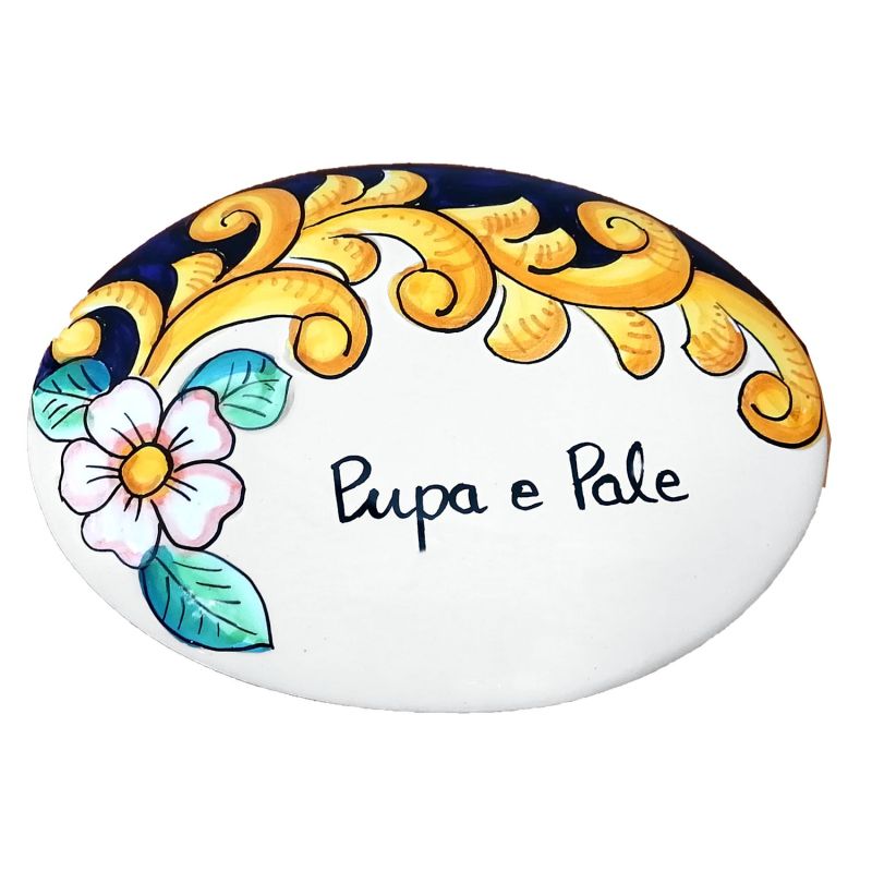 Targa ovale personalizzabile fondo Bianco. Ceramica di Vietri dipinta a mano