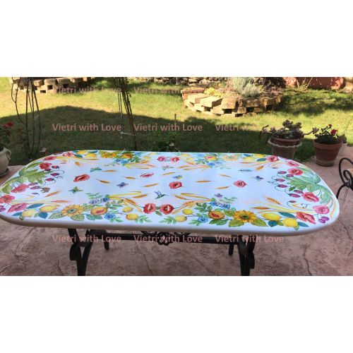 Table. Ceramic-coated lava stone table. Flowers and Strawberries. Hand-painted. Vietri ceramic.