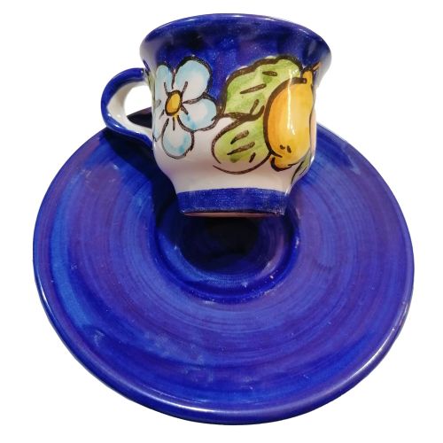 Coffee cup with saucer. Flowers & Lemons line. Vietri ceramic. Hand-painted.