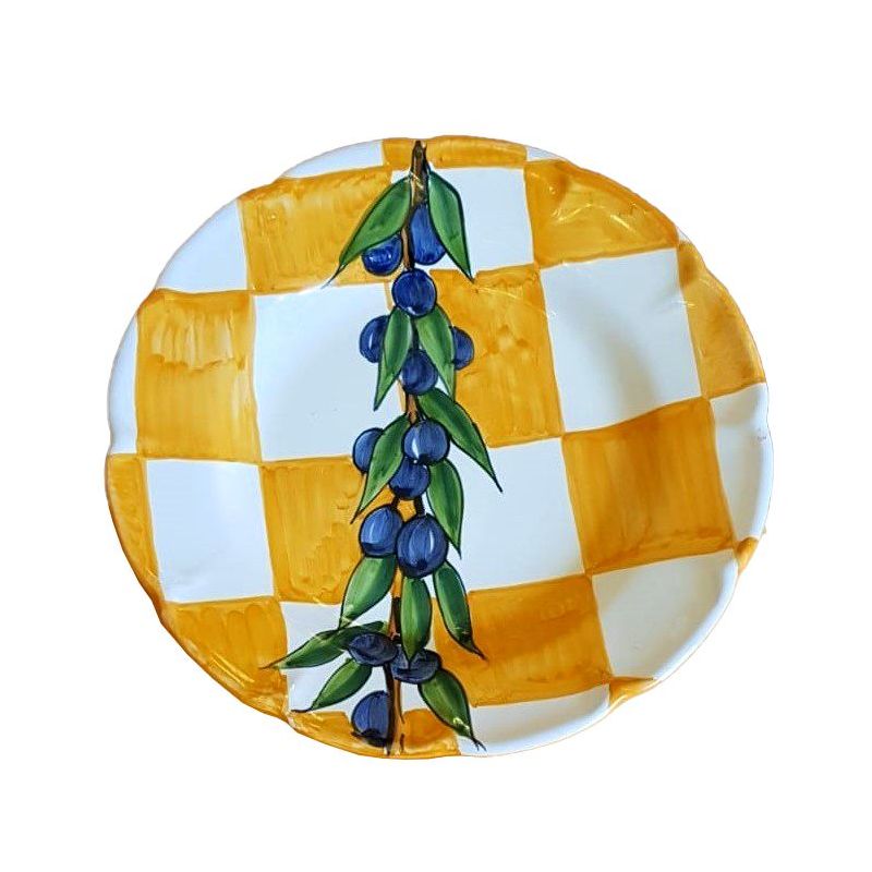 Piatto linea righe colorate, quadri gialli soggetto olive. Ceramica di Vietri-  fondi, piani, frutta/dolce o sottopiatti