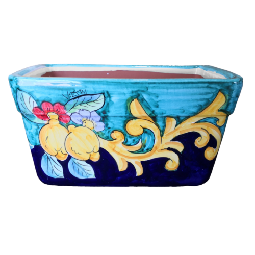 Rectangular Planter. Green Ramina Base with Lemons and Baroque. Vietri ceramic. Hand-painted.