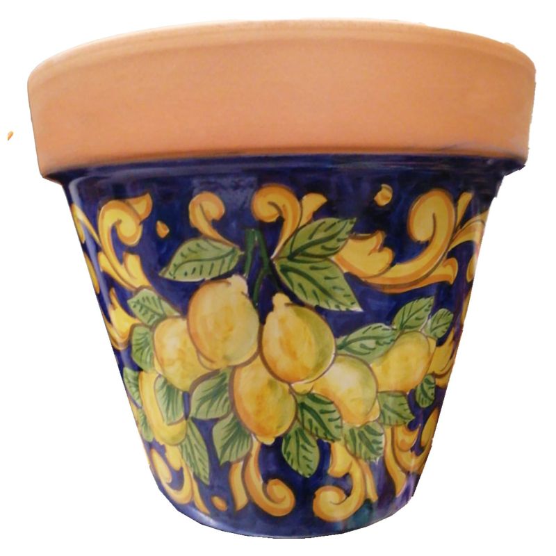 Vaso conico fondo Blu Barocco e Limoni, soggetto limoni e barocco. Ceramica di Vietri dipinto a mano.