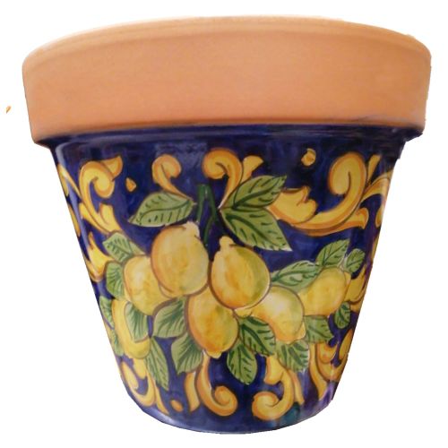 Conical pot for plants BLue background lemons and baroque. handpainted Vietri ceramic