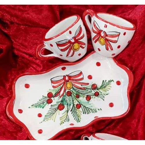 Set Tazzine caffè più vassoietto. "Tet a Tét" Bomboniera. Linea Natale. Ceramica di Vietri. Dipinto a Mano