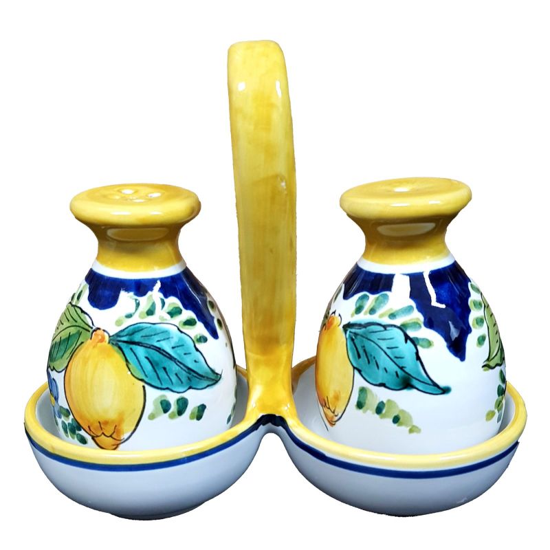 Set sale e pepe in ceramica siciliana di Caltagirone decoro limoni e fiori