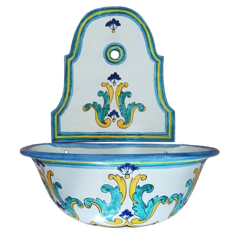 Fontana da giardino da muro con vasca. Ceramica di vietri