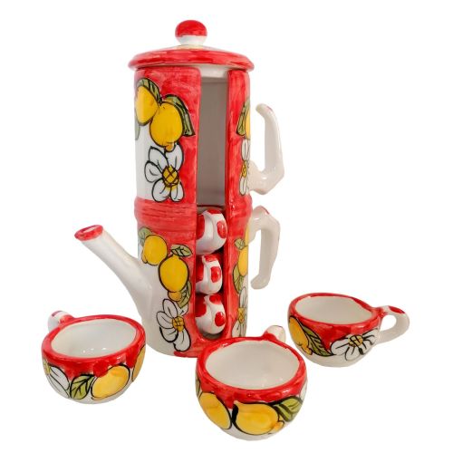 Mokkakanne mit Tassenhalter als Gastgeschenk. Zitronenlinie. Vietri-Keramik. Handbemalt.
