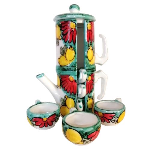 Mokkakanne mit Tassenhalter als Gastgeschenk. Zitronenlinie. Vietri-Keramik. Handbemalt.