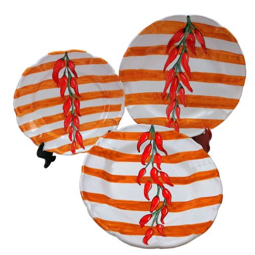 Dishes, Plates handpainted Vietri ceramic stripes and chili pepper line- Three dishes Soup dinner and fruit/Dessert plate