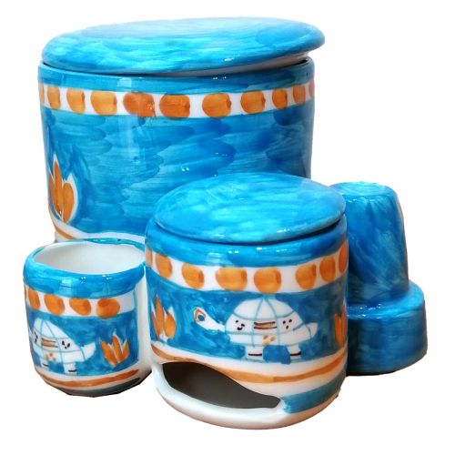 Portacialde set. Linea Animaletti Tartaruga fondo Azzurro Ceramica di Vietri dipinta a mano.