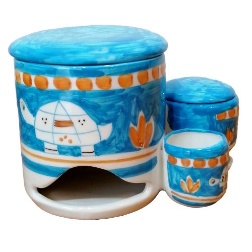 Portacialde set. Linea Animaletti Tartaruga fondo Azzurro Ceramica di Vietri dipinta a mano.