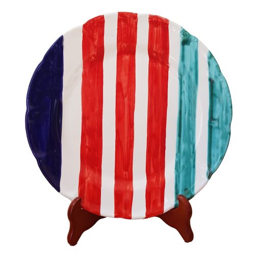 Bunt gestreifter Teller. Handbemalt aus Vietri-Keramik. Erhältlich als Suppen-, Speise-, Dessert- und Platzteller.