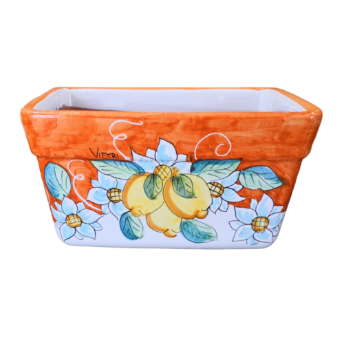 Rectangular Planter. Orange Base with Flowers and Lemons. Vietri ceramic. Hand-painted.