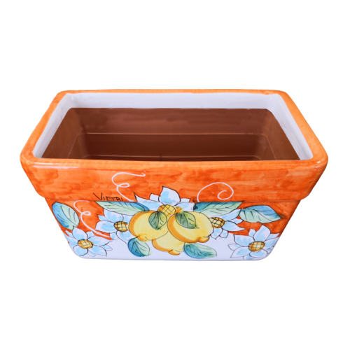 Jardinière rectangulaire. Fond orange avec fleurs et...