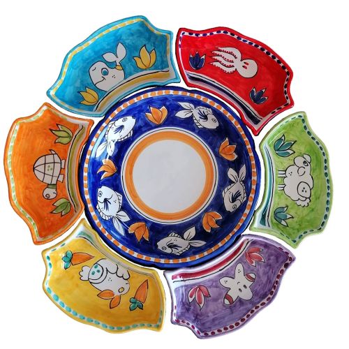 Appetizer set. Cold Dinner. 7 pieces. Little Animals line. Hand-painted Vietri ceramics.