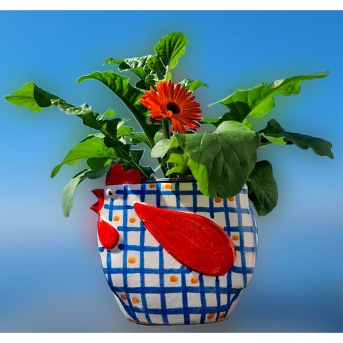 Cachepot Planta portadora forma de gallinella. Cerámica Vietri pintada a mano.