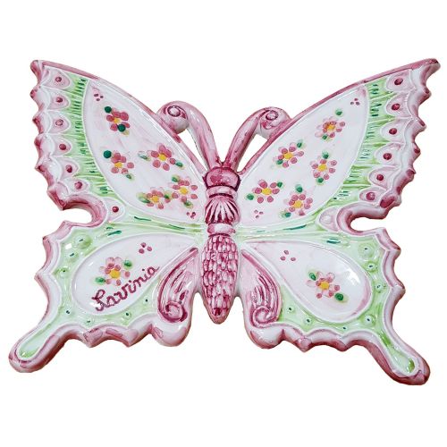 Farfalla colorata fondo Rosa in Ceramica di vietri dipinta a mano. disponibili in diverse dimensioni