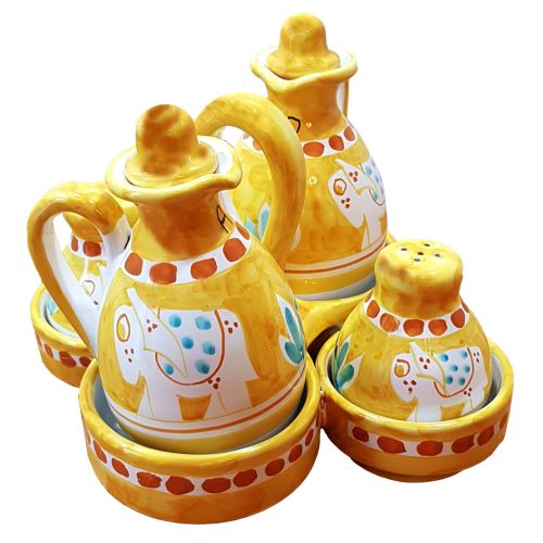 Oil vinegar salt and Pepper Set Animal line. handpainted Vietri ceramic