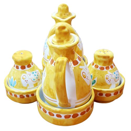 Set aceite de pimienta salada y vinagre Línea Animal Elefante Amarillo. Cerámica Vietri pintada a mano