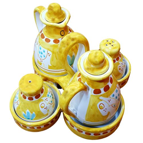 Set aceite de pimienta salada y vinagre Línea Animal Elefante Amarillo. Cerámica Vietri pintada a mano