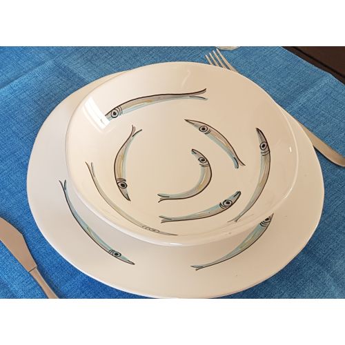 Dishes 2 pieces irregolari sardines line white  Background. handpainted Vietri ceramic. dinner plate and soup plate