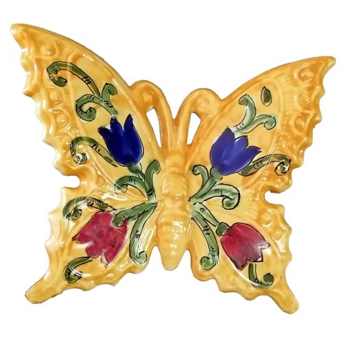 Mariposa de color Fondo amarillo en cerámica Vietri pintada a mano. Disponible en diferentes tamaños