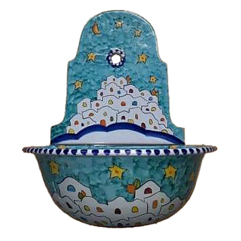 Wall garden fountain with tub. Houses line. handpainted Vietri ceramic