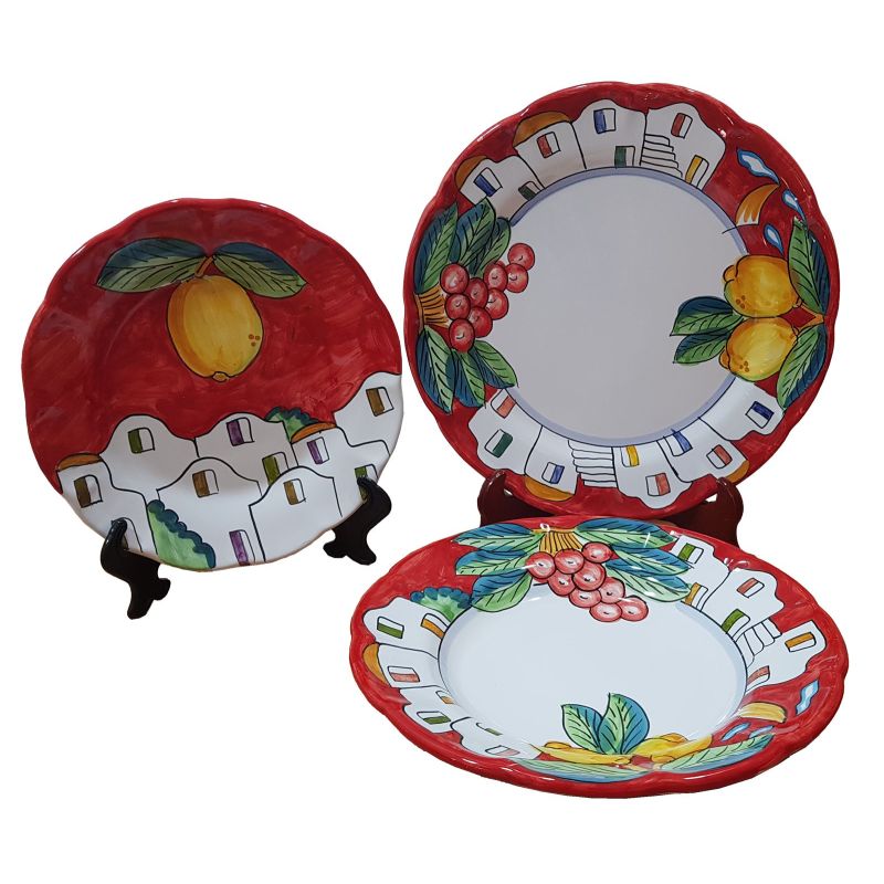 Trois assiettes ligne Maison et Citrons. Vietri céramique peinte à la main - Fond plat et fruits