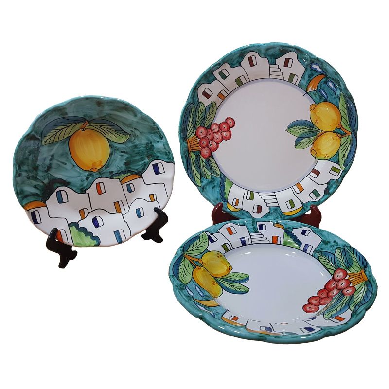 Trois assiettes ligne Maison et Citrons. Vietri céramique peinte à la main - Fond plat et fruits