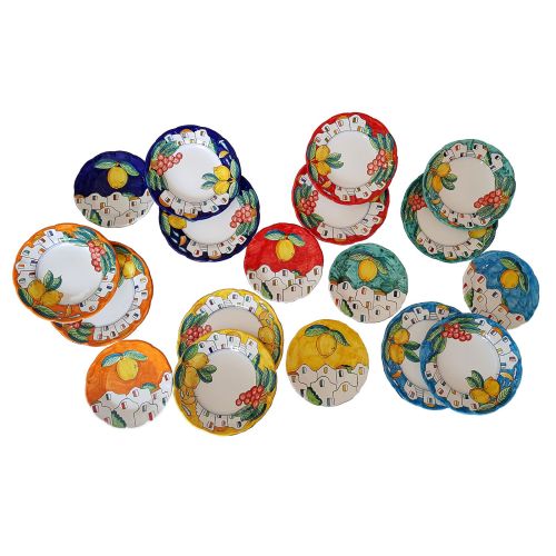 Teller, Schüsseln Haus und Zitronen Linie. Vietri Keramik. Handbemalte Abendessen, Suppe, Dessert und Servieren