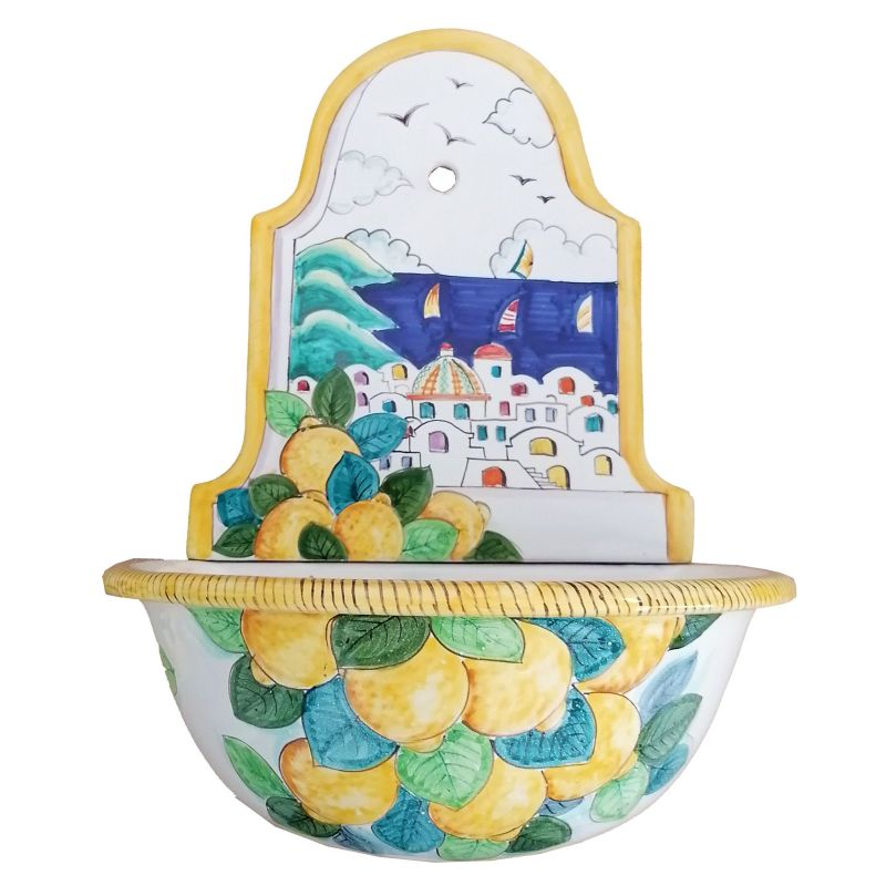 Fontana da giardino da muro con vasca. Decoro Sorrento Ceramica di vietri