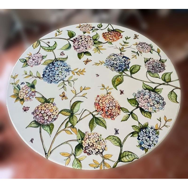 Table en pierre de lave céramisée. Hortensias peints à la main. Céramique Vietri